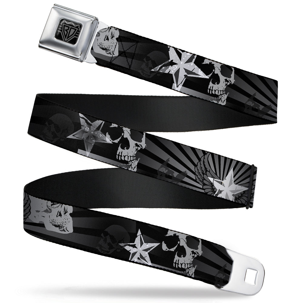 BD Wings Logo CLOSE-UP Full Color Black Silver Seatbelt Belt - Die Hard Skulls & Stars1 Black/Grays Webbing