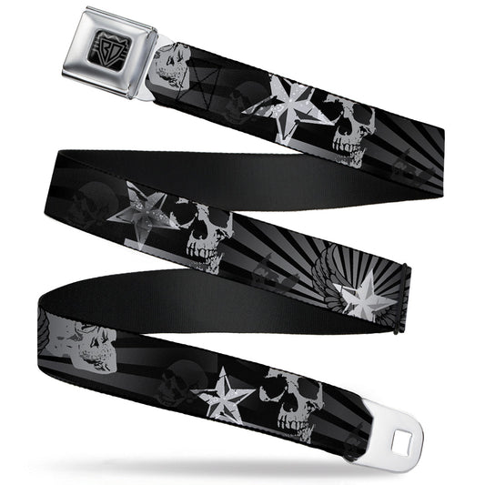 BD Wings Logo CLOSE-UP Full Color Black Silver Seatbelt Belt - Die Hard Skulls & Stars1 Black/Grays Webbing
