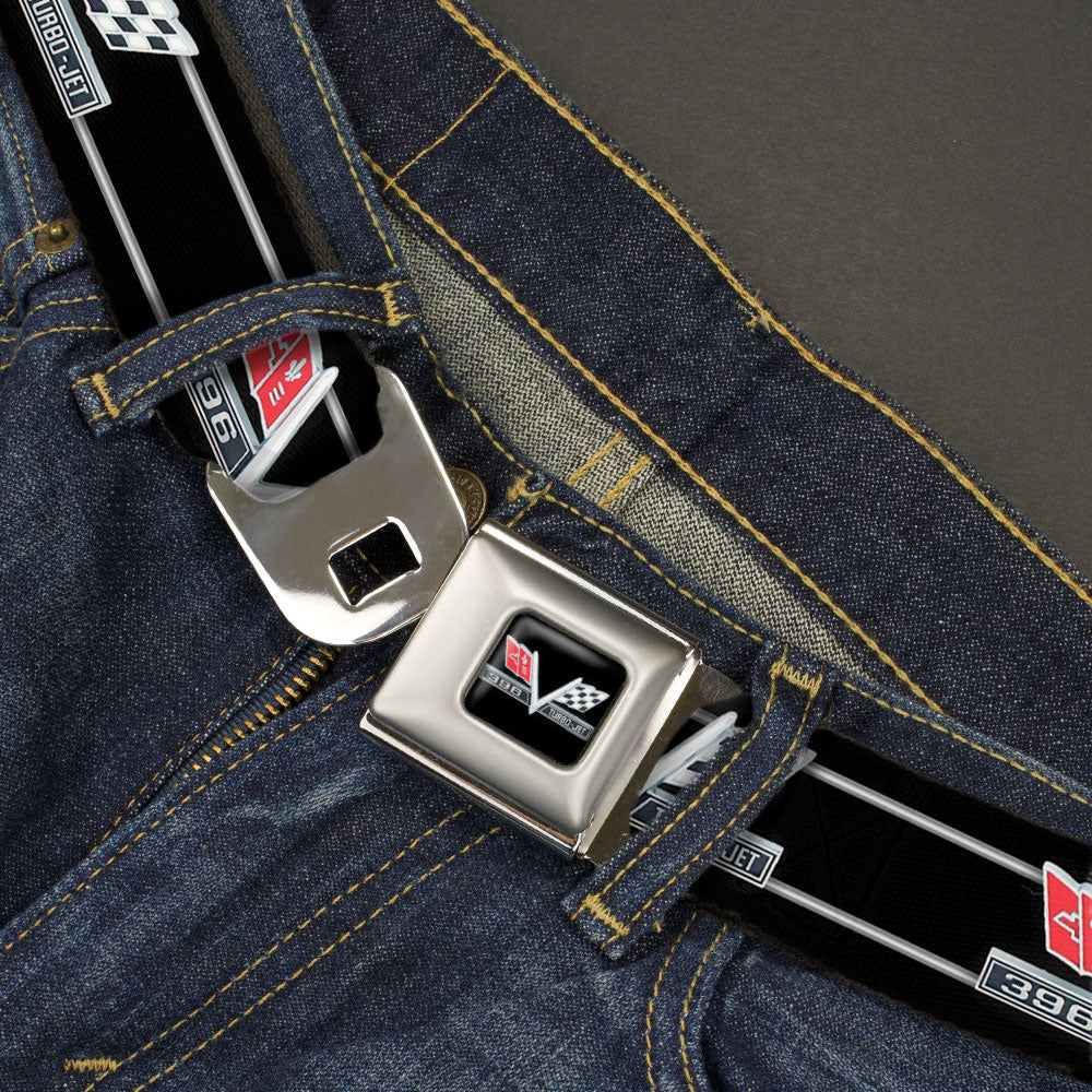 1967 Impala 396 TURBO-JET V Emblem Full Color Black Silver Red White Seatbelt Belt - 1967 Impala 396 TURBO-JET V Emblem/Stripe Black/Silver/Red/White Webbing