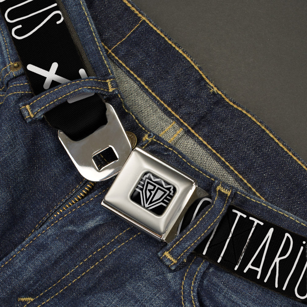 BD Wings Logo CLOSE-UP Full Color Black Silver Seatbelt Belt - Zodiac SAGITTARIUS/Symbol Black/White Webbing