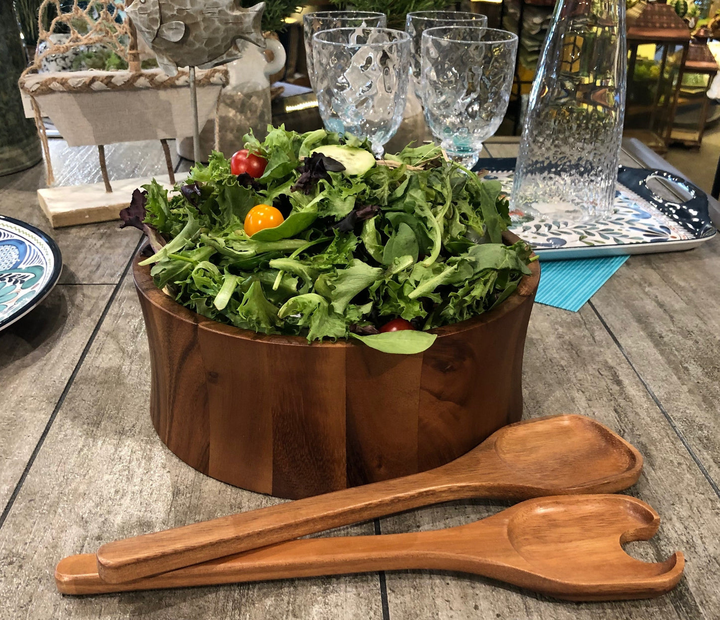 Large Acacia Wood Salad Bowl 10x4 With Servers Handcrafted Serving Bowl
