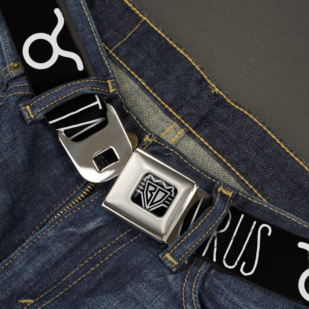 BD Wings Logo CLOSE-UP Full Color Black Silver Seatbelt Belt - Zodiac TAURUS/Symbol Black/White Webbing