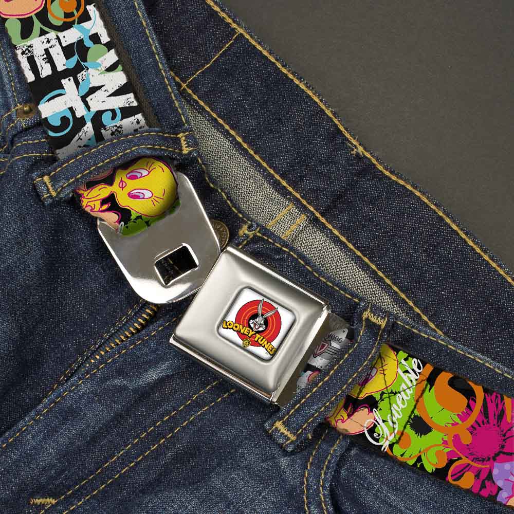 Looney Tunes Logo Full Color White Seatbelt Belt - Tweety Bird Poses LITTLE CUTIE-LOVEABLE Black/Multi Color Webbing