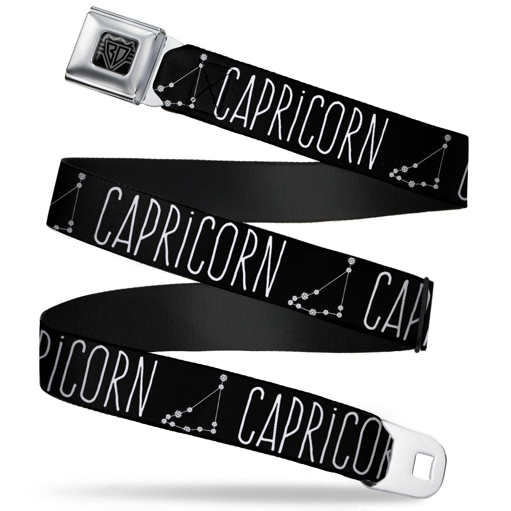 BD Wings Logo CLOSE-UP Full Color Black Silver Seatbelt Belt - Zodiac CAPRICORN/Constellation Black/White Webbing
