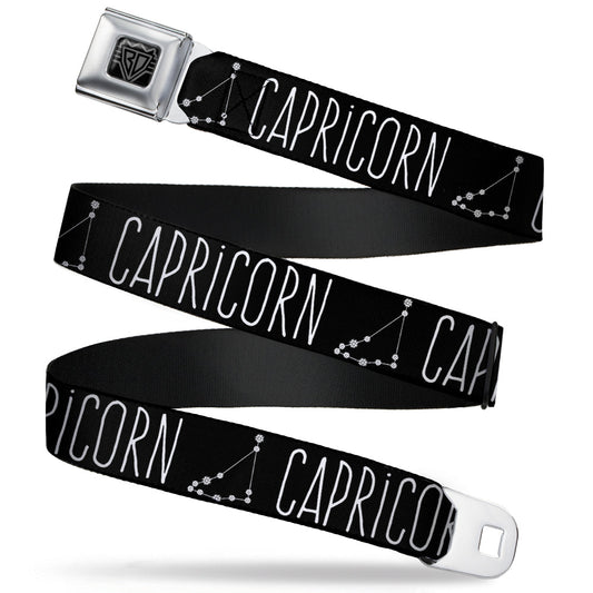 BD Wings Logo CLOSE-UP Full Color Black Silver Seatbelt Belt - Zodiac CAPRICORN/Constellation Black/White Webbing