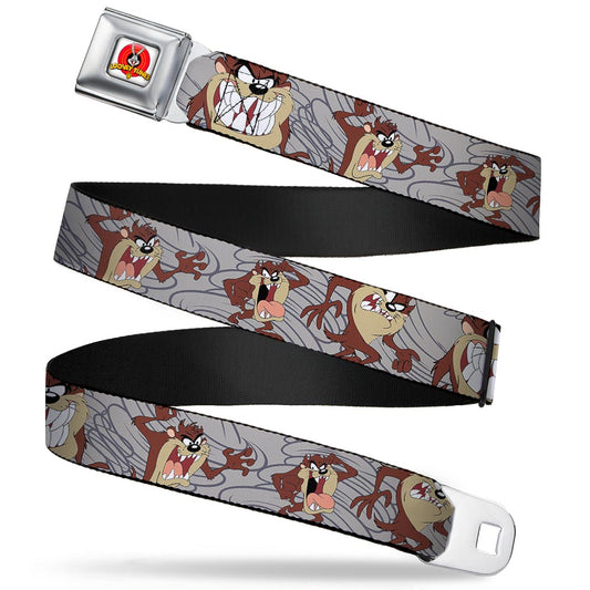 Looney Tunes Logo Full Color White Seatbelt Belt - Tasmanian Devil Expressions Gray Swirl Webbing