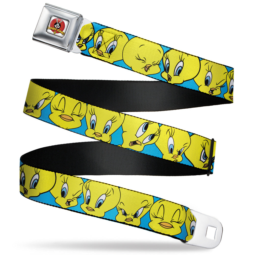 Looney Tunes Logo Full Color White Seatbelt Belt - Tweety Bird CLOSE-UP Expressions Baby Blue Webbing