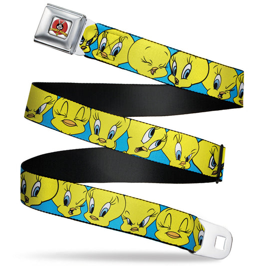 Looney Tunes Logo Full Color White Seatbelt Belt - Tweety Bird CLOSE-UP Expressions Baby Blue Webbing
