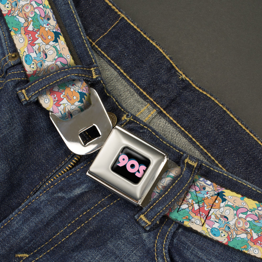 Nick 90'S Rewind Icon Full Color Black/Blue/Pink Seatbelt Belt - Nick 90's Rewind 8-Character Mash Up Collage White Webbing