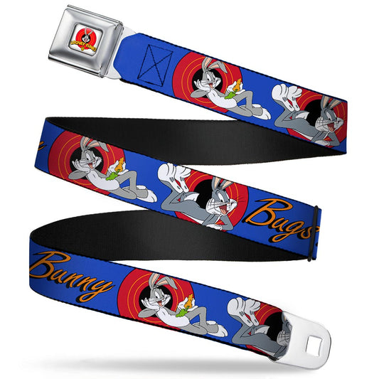 Looney Tunes Logo Full Color White Seatbelt Belt - BUGS BUNNY w/Bugs Poses Blue Webbing