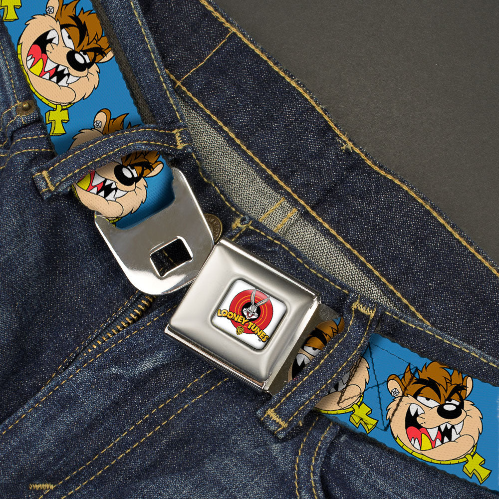 Looney Tunes Logo Full Color White Seatbelt Belt - Tasmanian Devil Hip Hop Expression Blue Webbing