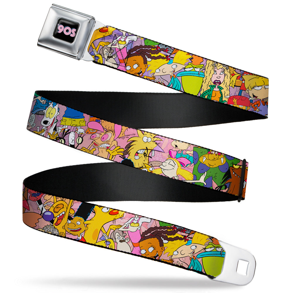 Nick 90'S Rewind Icon Full Color Black/Blue/Pink Seatbelt Belt - Nick 90's Rewind Character Mash Up Collage2 Pinks Webbing