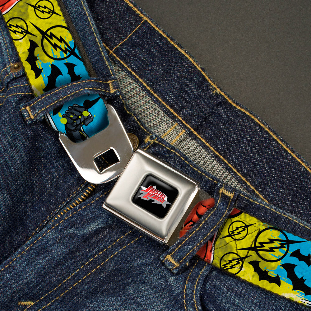 JUSTICE LEAGUE Star Logo Full Color Black Silver-Fade Red Seatbelt Belt - Justice League New 52 4-Superhero Poses/Scattered Logos Multi Color/Black Webbing