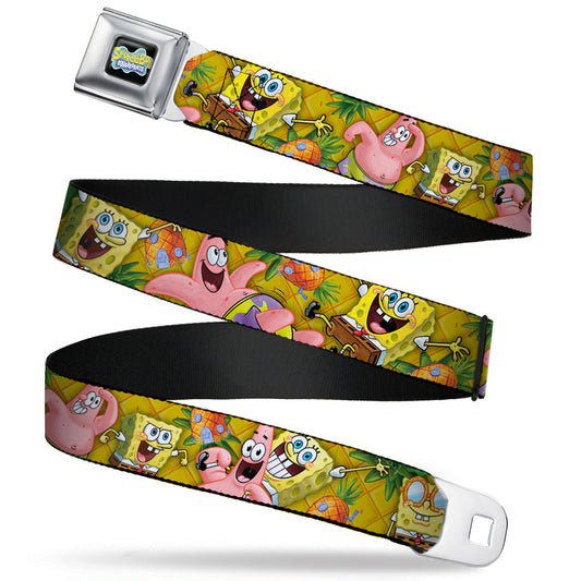 SpongeBob SquarePants Logo Full Color Black Seatbelt Belt - SpongeBob & Patrick Starfish Poses Pineapple Gold Webbing