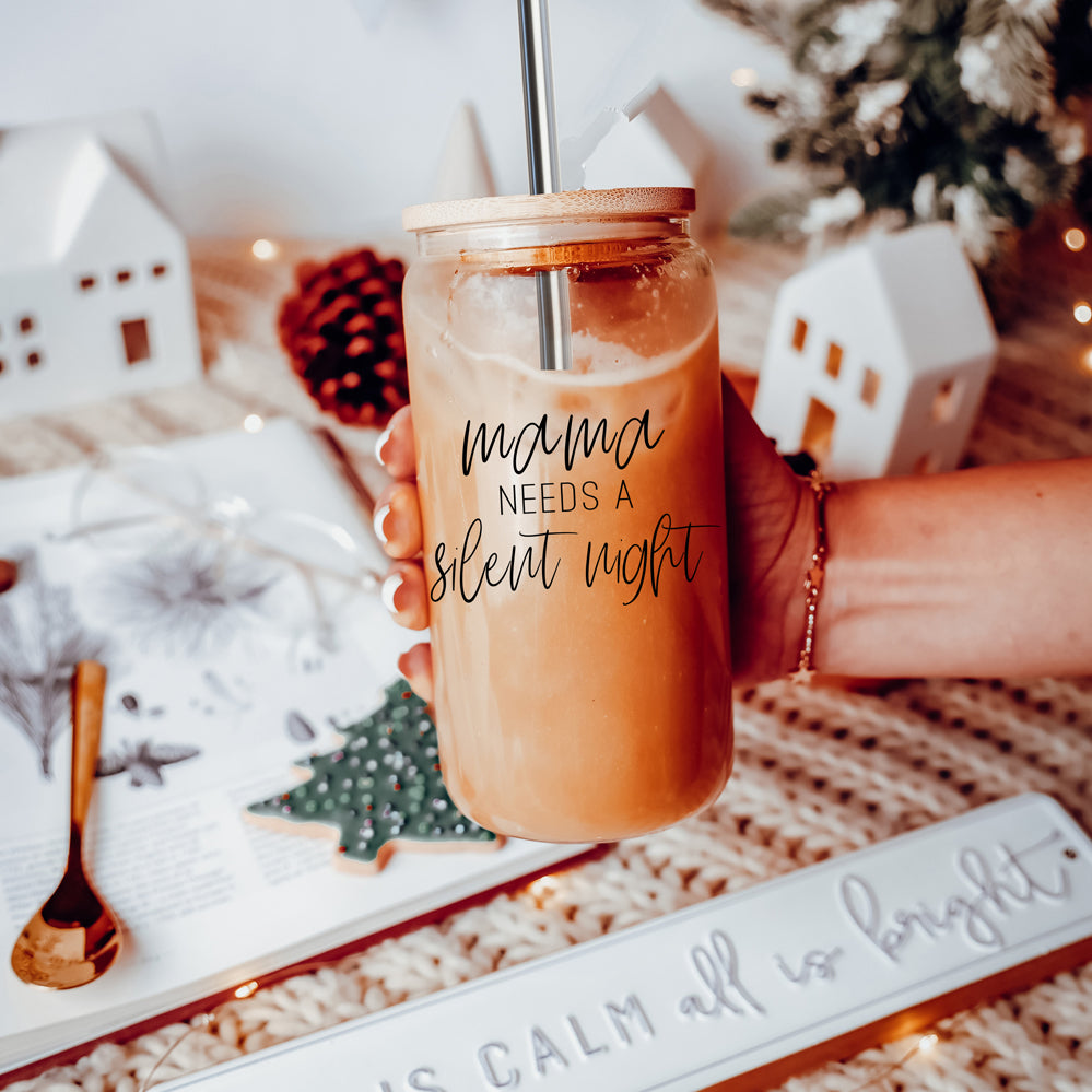 Silent Night 17oz Glass Tumbler With Bamboo Lid, 2 Stainless Straws and Cleaner