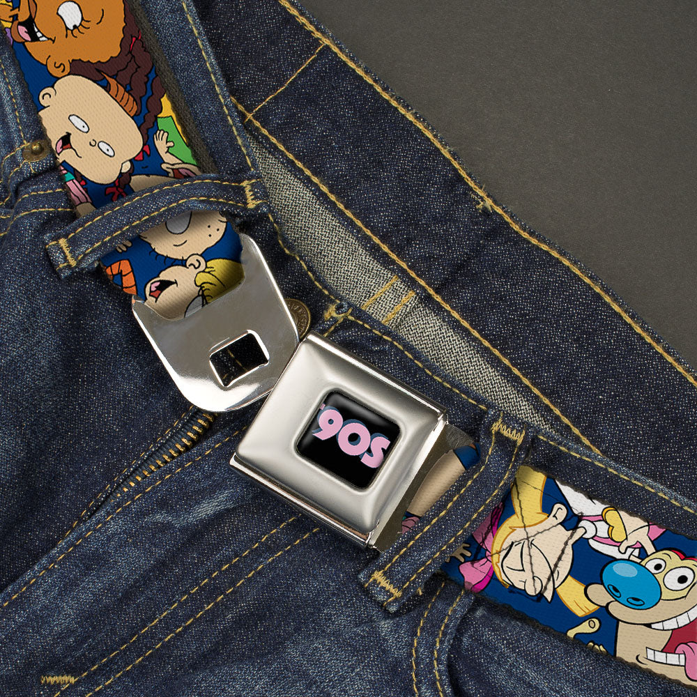 Nick 90'S Rewind Icon Full Color Black/Blue/Pink Seatbelt Belt - Nick 90's Rewind 16-Character Poses Navy Blue Webbing