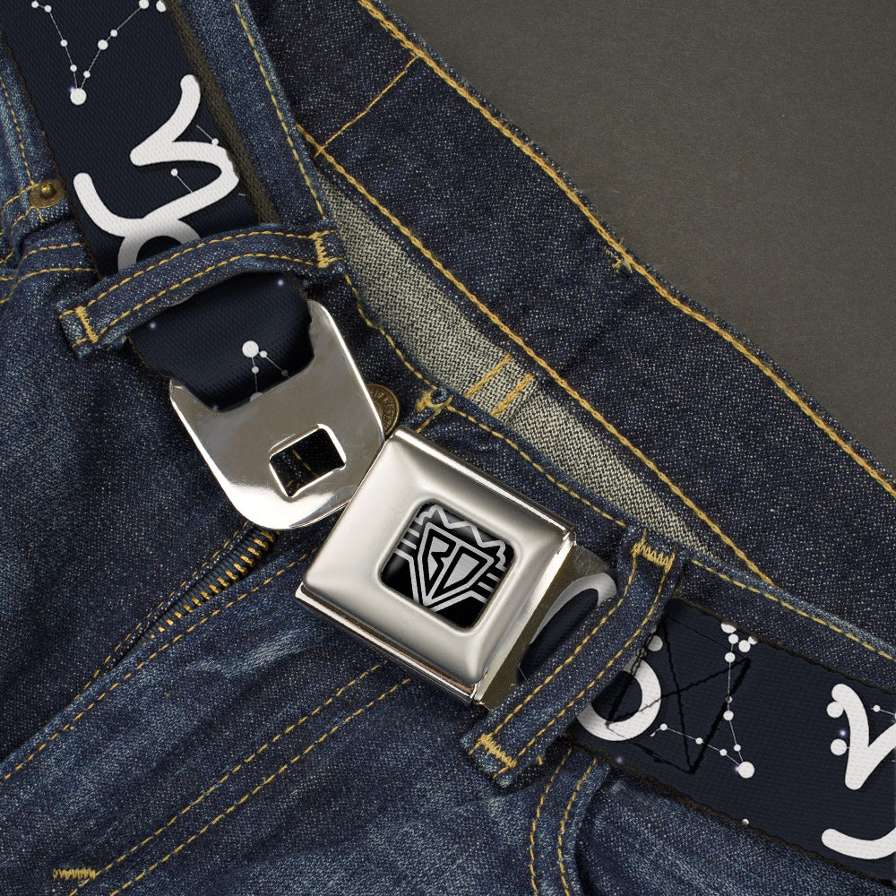 BD Wings Logo CLOSE-UP Full Color Black Silver Seatbelt Belt - Zodiac Capricorn Symbol/Constellations Black/White Webbing