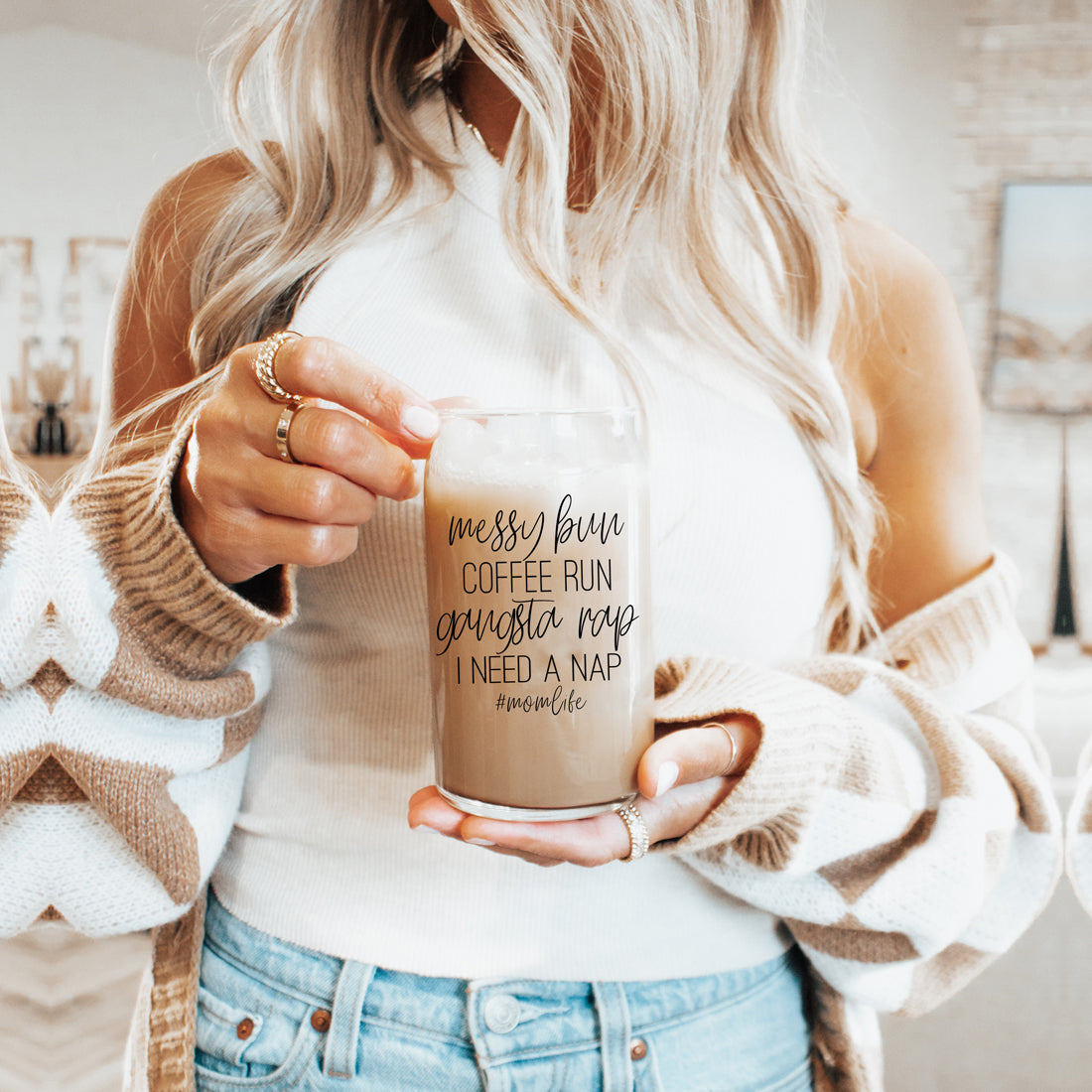 Messy Bun 17oz Glass Tumbler With Bamboo Lid Stainless Straws Mom Life Coffee Run Gift