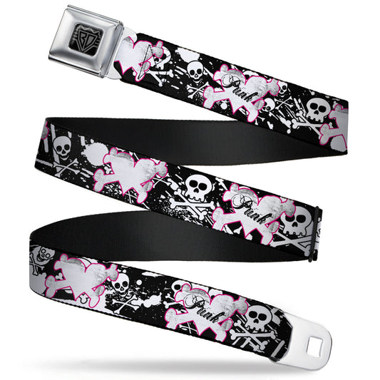BD Wings Logo CLOSE-UP Full Color Black Silver Seatbelt Belt - Punk Heart & Cross Bones w/Skulls & Splatter Black/White Webbing