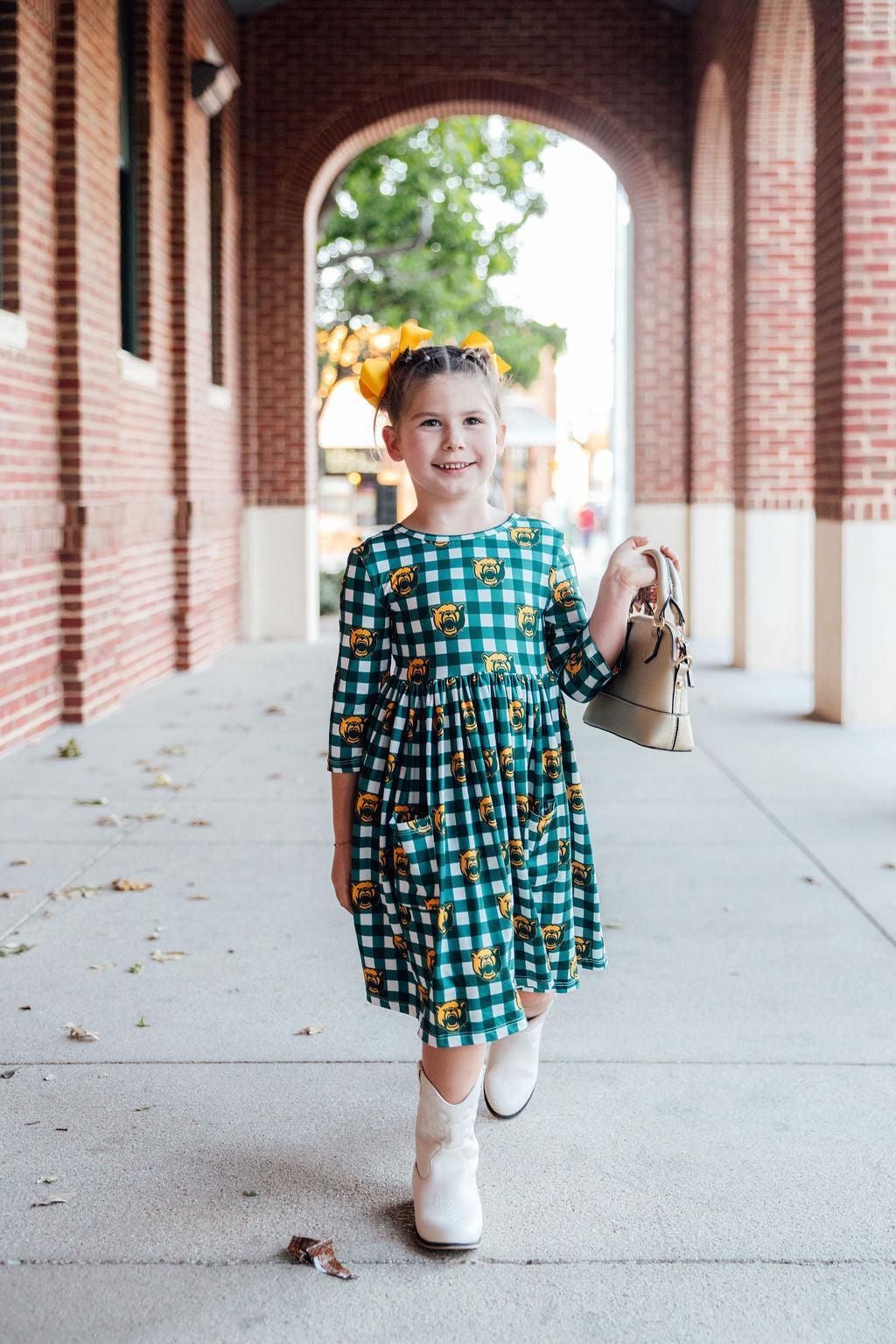 Baylor Plaid Bear 3/4 Sleeve Pocket Twirl Dress