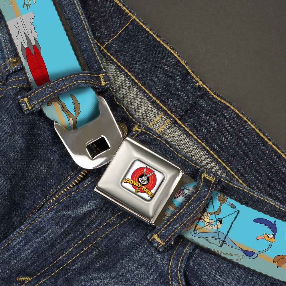Looney Tunes Logo Full Color White Seatbelt Belt - Road Runner/Wile E. Coyote Scene2 Desert Webbing