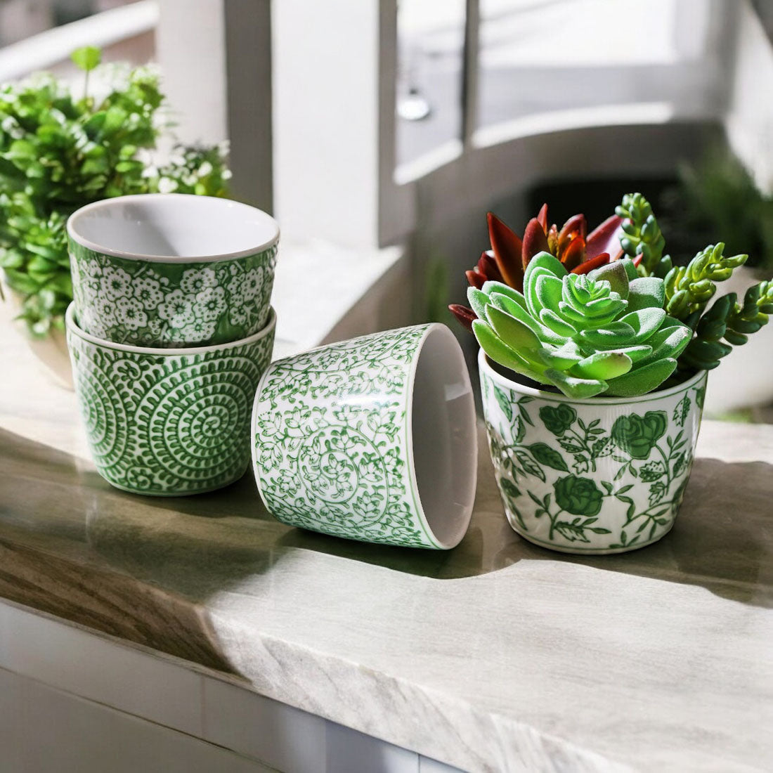 Mini Green Porcelain Cachepots Set Of 6 Hand-Painted Decorative Planters