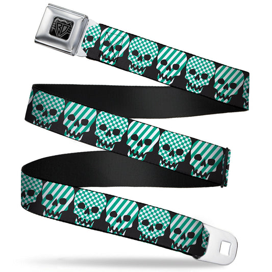 BD Wings Logo CLOSE-UP Full Color Black Silver Seatbelt Belt - Checker & Stripe Skulls Black/White/Green Webbing