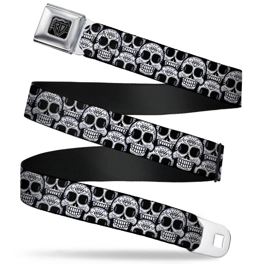 BD Wings Logo CLOSE-UP Full Color Black Silver Seatbelt Belt - Cartoon Sugar Skulls Stacked Black/White Webbing