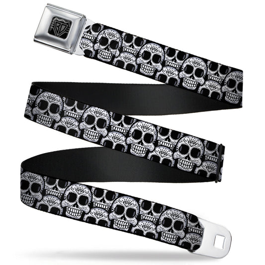 BD Wings Logo CLOSE-UP Full Color Black Silver Seatbelt Belt - Cartoon Sugar Skulls Stacked Black/White Webbing