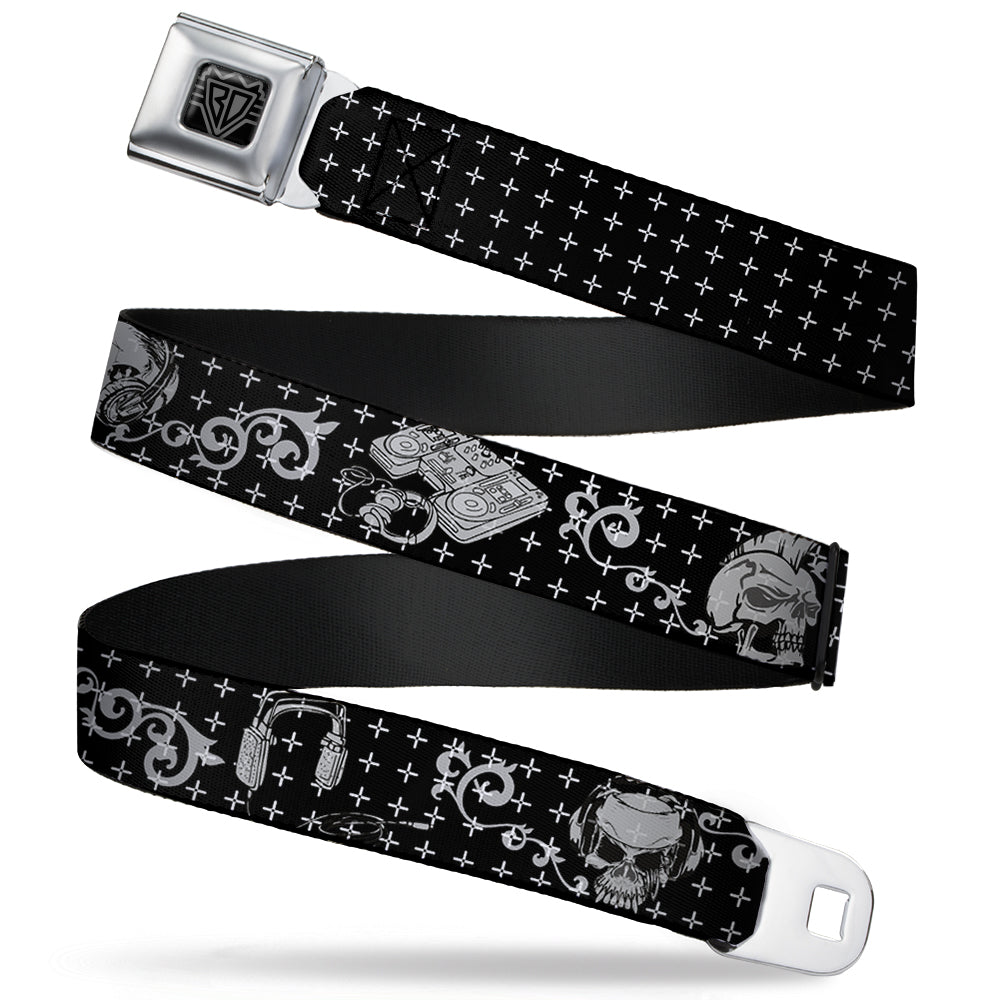 BD Wings Logo CLOSE-UP Full Color Black Silver Seatbelt Belt - DJ Skulls Black/Gray Webbing
