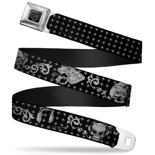 BD Wings Logo CLOSE-UP Full Color Black Silver Seatbelt Belt - DJ Skulls Black/Gray Webbing