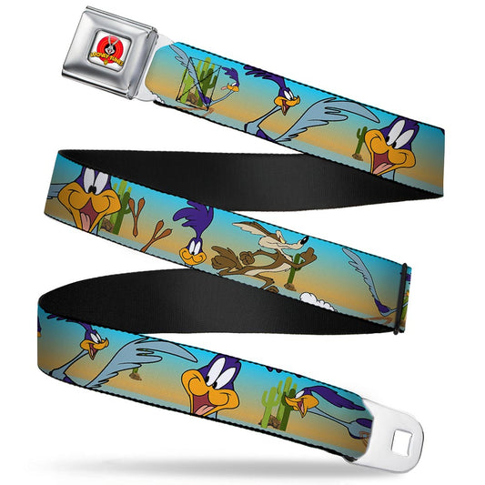 Looney Tunes Logo Full Color White Seatbelt Belt - Road Runner/Wile E. Coyote Scene1 Desert Webbing