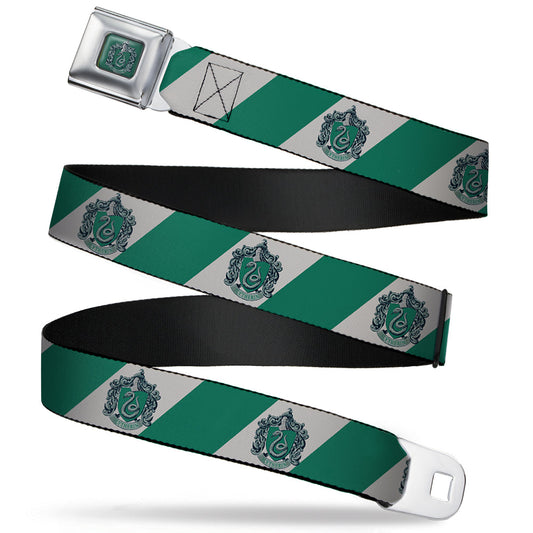 SLYTHERIN Crest Full Color Green Seatbelt Belt - SLYTHERIN Crest Diagonal Stripe Gray/Green Webbing