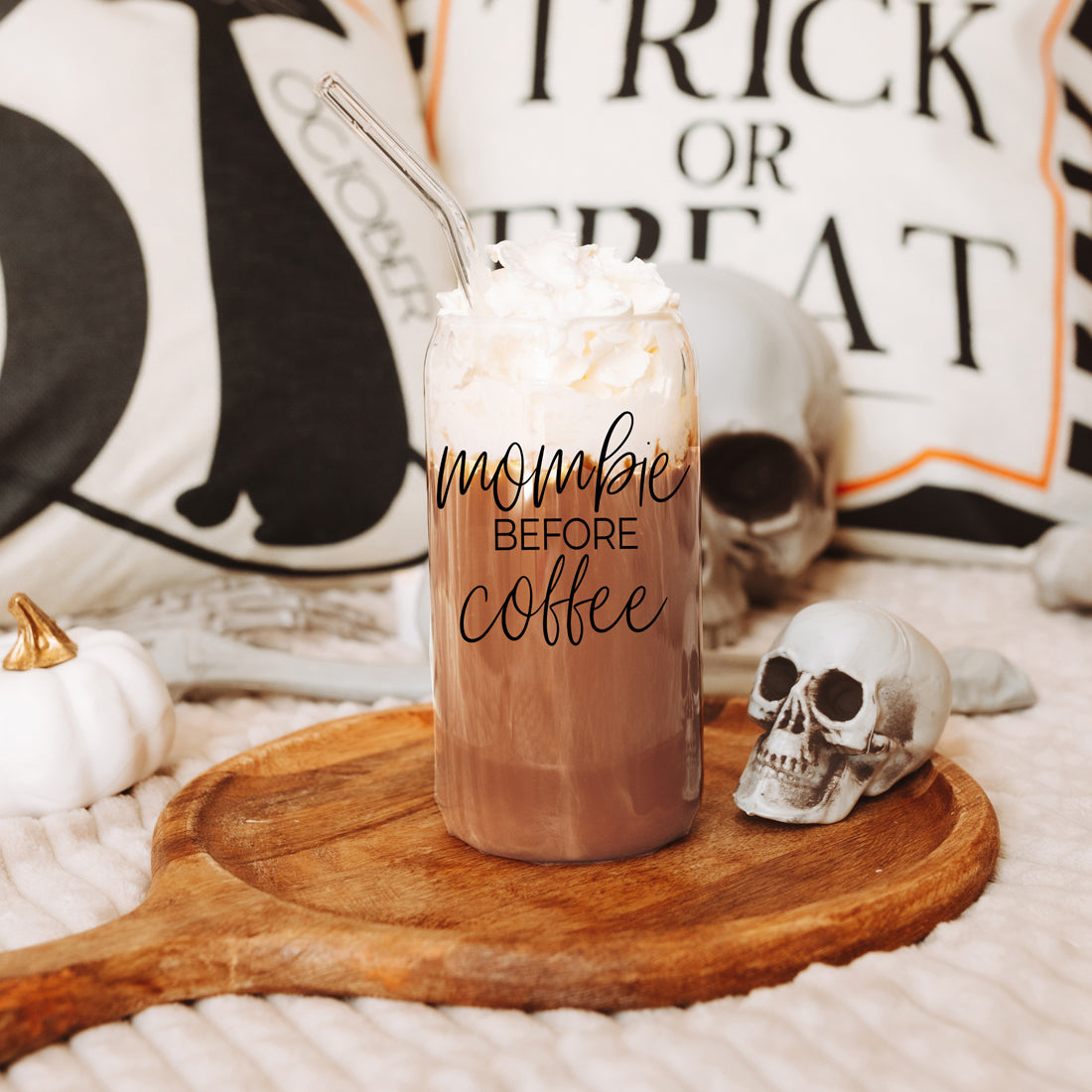 Mombie 20oz Glass Tumbler With Bamboo Lid Stainless Straws Coffee Hocus Pocus I Need Coffee