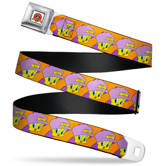 Looney Tunes Logo Full Color White Seatbelt Belt - Tweety Bird Hip Hop Expression Orange Webbing