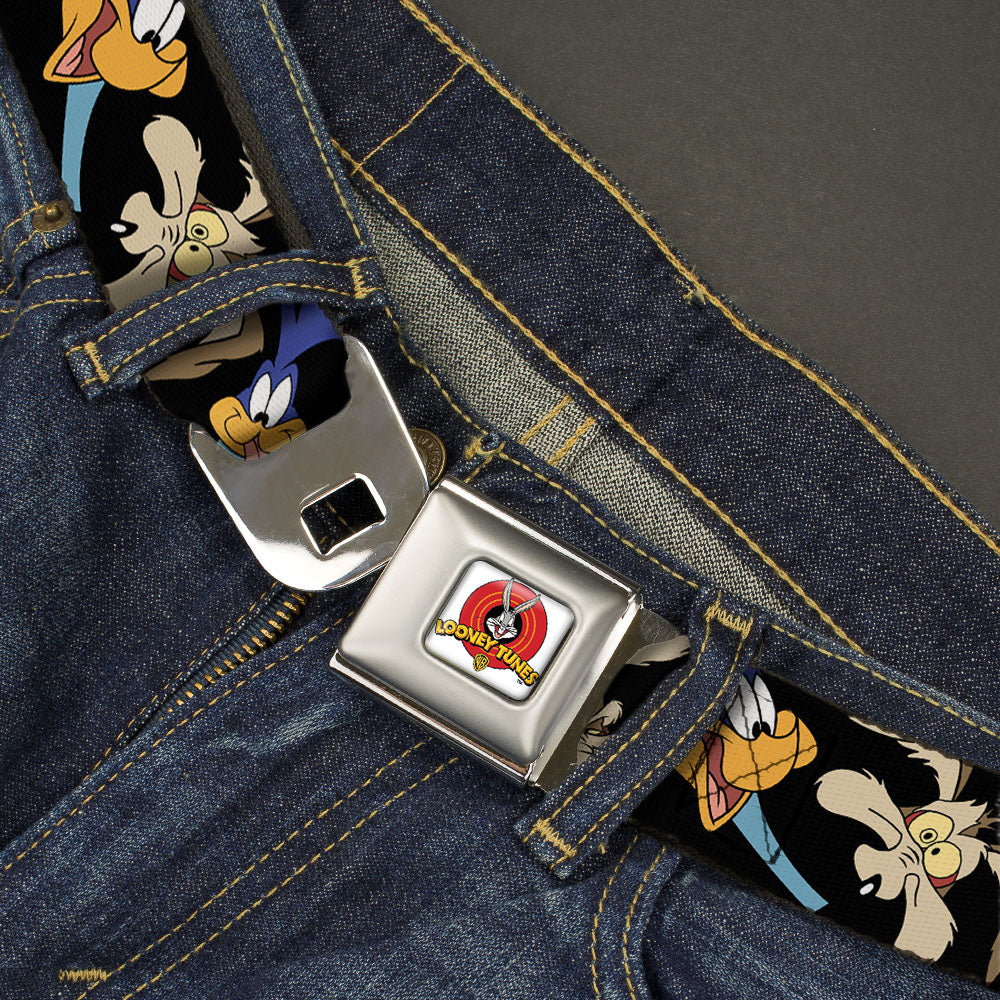 Looney Tunes Logo Full Color White Seatbelt Belt - Road Runner/Wile E. Coyote Expressions CLOSE-UP Black Webbing