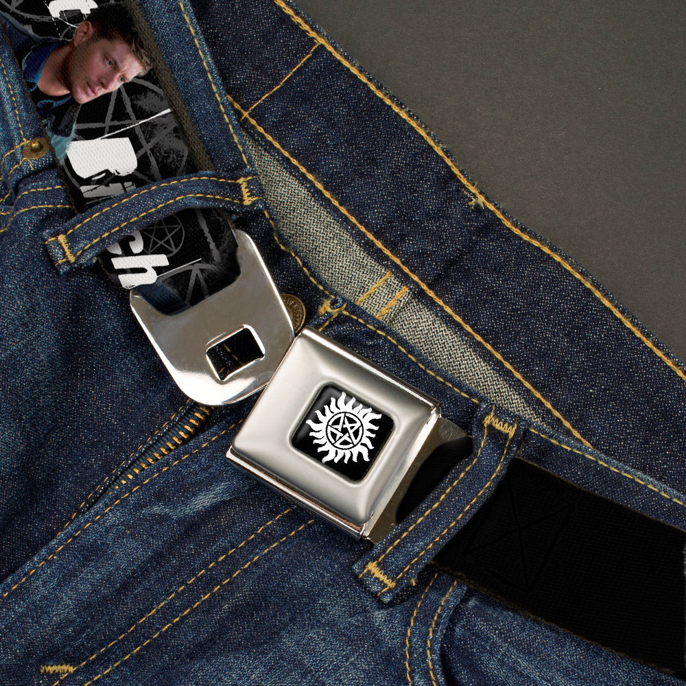 Winchester Logo Full Color Black White Seatbelt Belt - SUPERNATURAL 4-Character Poses/ASSBUTT-BITCH-JERK-IDJITS Black/Gray/White Webbing