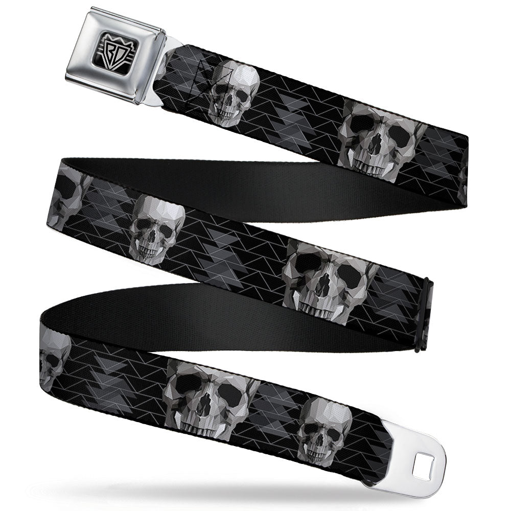 BD Wings Logo CLOSE-UP Full Color Black Silver Seatbelt Belt - Geometric 3-D Skull Face/Chevron Black/Grays/White Webbing
