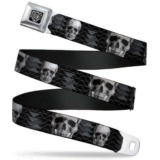 BD Wings Logo CLOSE-UP Full Color Black Silver Seatbelt Belt - Geometric 3-D Skull Face/Chevron Black/Grays/White Webbing