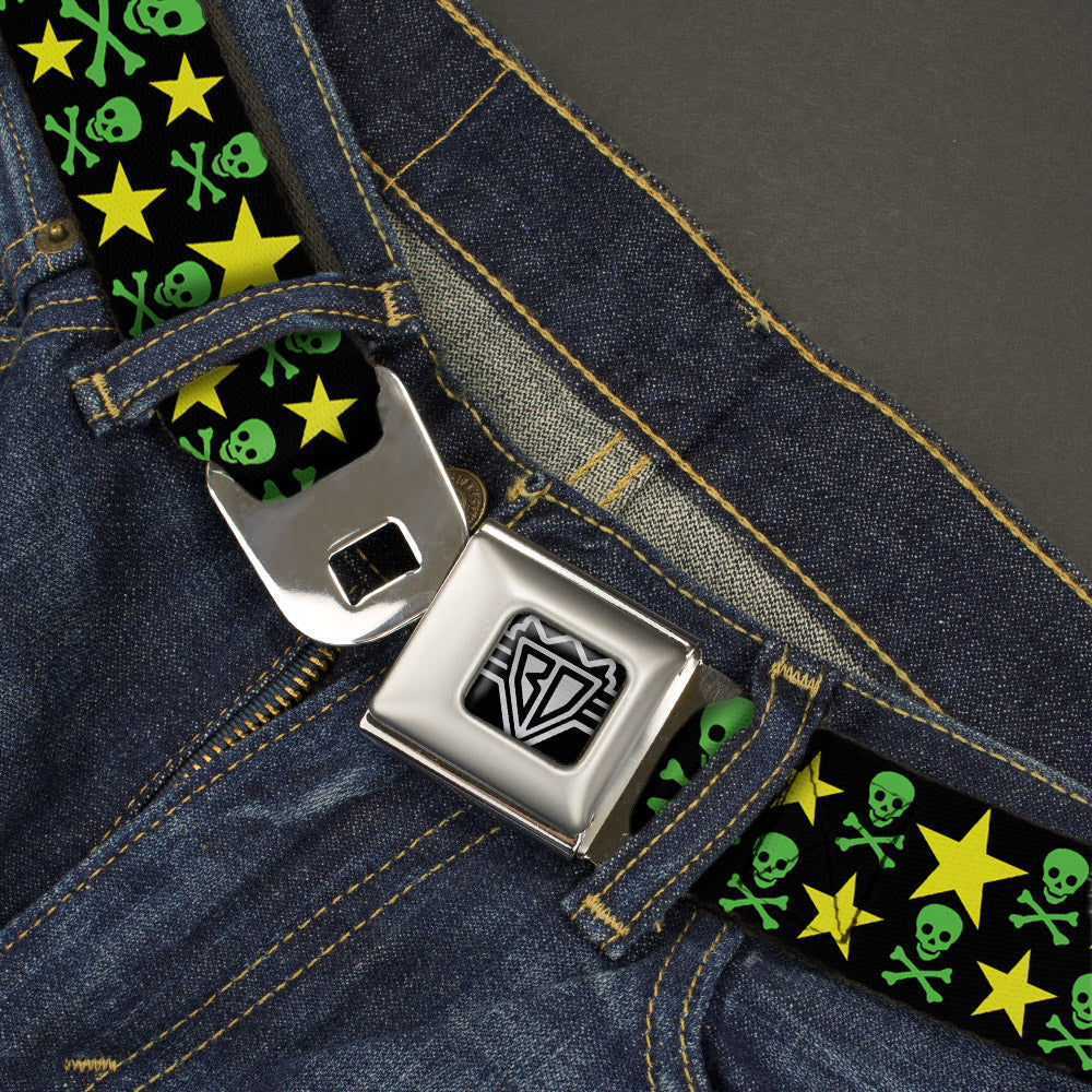 BD Wings Logo CLOSE-UP Full Color Black Silver Seatbelt Belt - Skulls & Stars Black/Green/Yellow Webbing