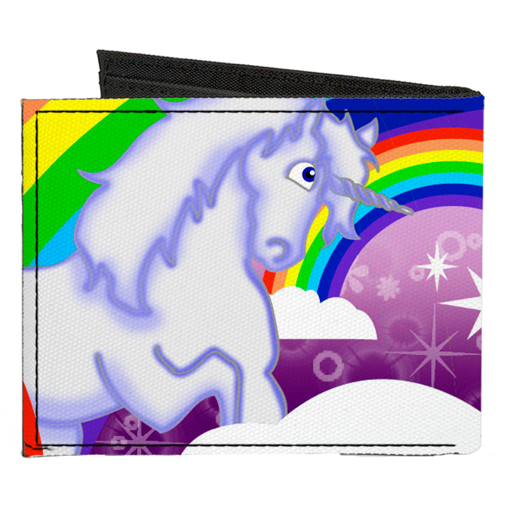 Canvas Bi-Fold Wallet - Unicorns in Rainbows w Sparkles Purple