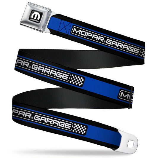 MOPAR Logo Full Color Black White Seatbelt Belt - MOPAR GARAGE Checker Logo/Stripe Black/Blue/White Webbing