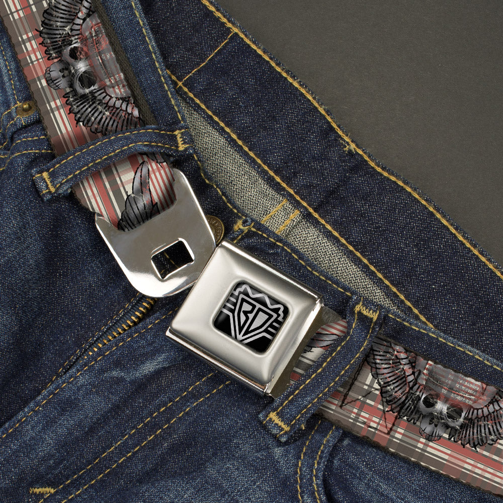 BD Wings Logo CLOSE-UP Full Color Black Silver Seatbelt Belt - Irish Skulls/Plaid Webbing