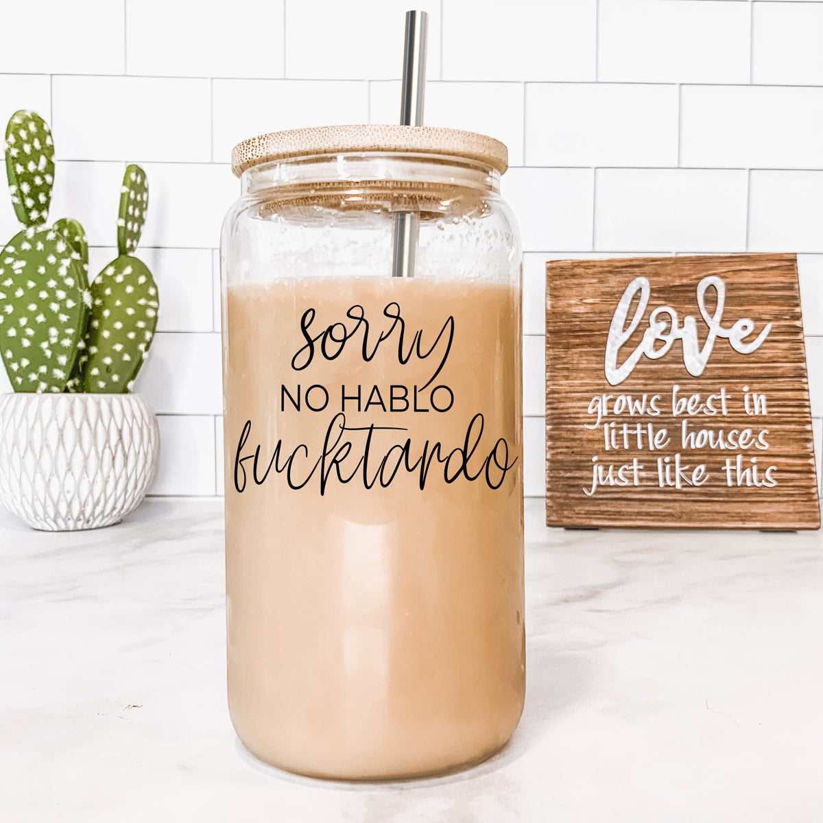 No Hablo 17oz Glass Tumbler With Bamboo Lid, 2 Stainless Straws And Cleaner