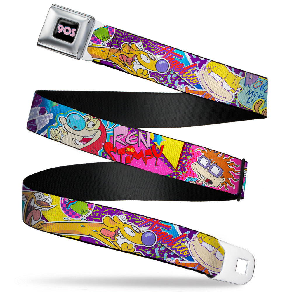 Nick 90'S Rewind Icon Full Color Black/Blue/Pink Seatbelt Belt - Nick 90's Rewind 7-Character/4-Logo Collage Webbing