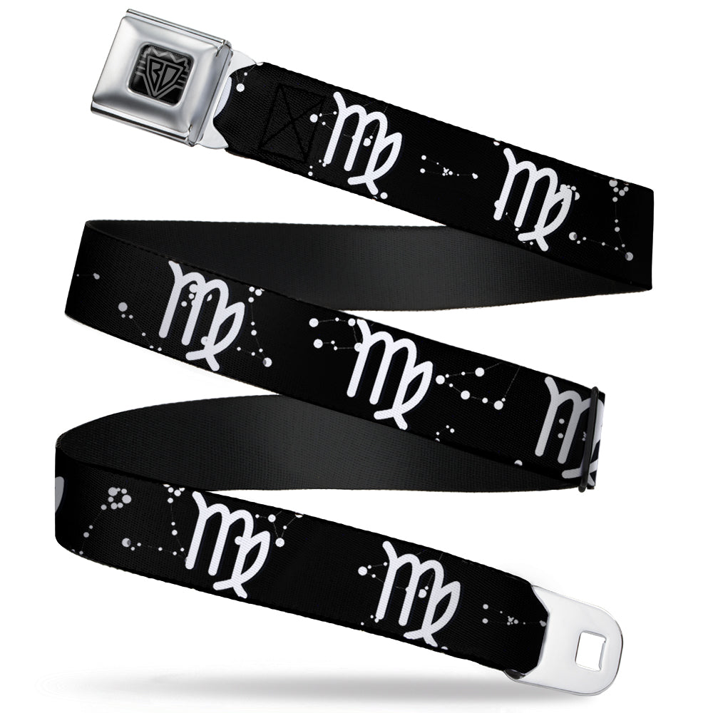 BD Wings Logo CLOSE-UP Full Color Black Silver Seatbelt Belt - Zodiac Virgo Symbol/Constellations Black/White Webbing