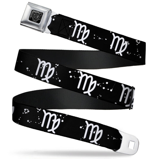 BD Wings Logo CLOSE-UP Full Color Black Silver Seatbelt Belt - Zodiac Virgo Symbol/Constellations Black/White Webbing