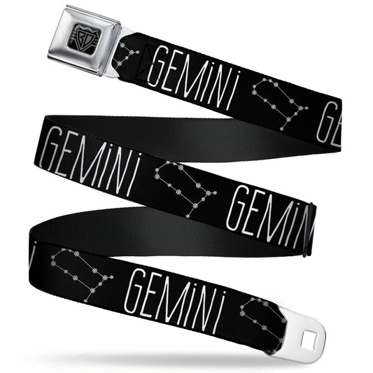 BD Wings Logo CLOSE-UP Full Color Black Silver Seatbelt Belt - Zodiac GEMINI/Constellation Black/White Webbing