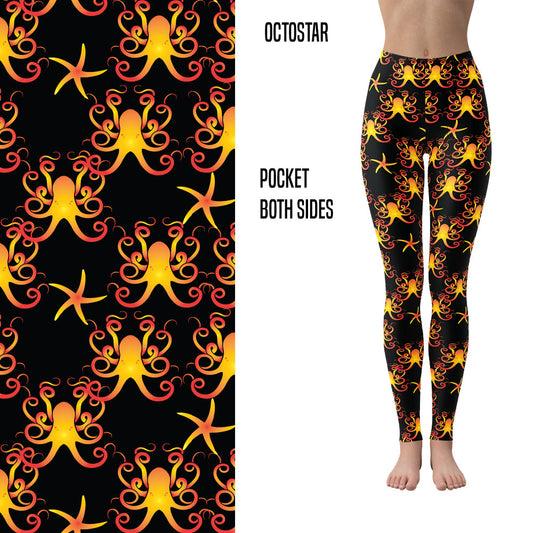 Kraken Leggings Octopus Leggings Star Black Leggings Cthulhu Yellow Orange Monsters