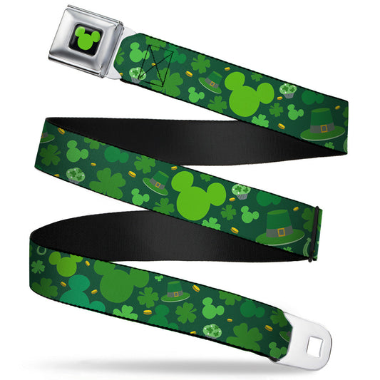 Mickey Silhouette Full Color Black Green Seatbelt Belt - St. Patrick's Day Mickey Collage Greens Webbing